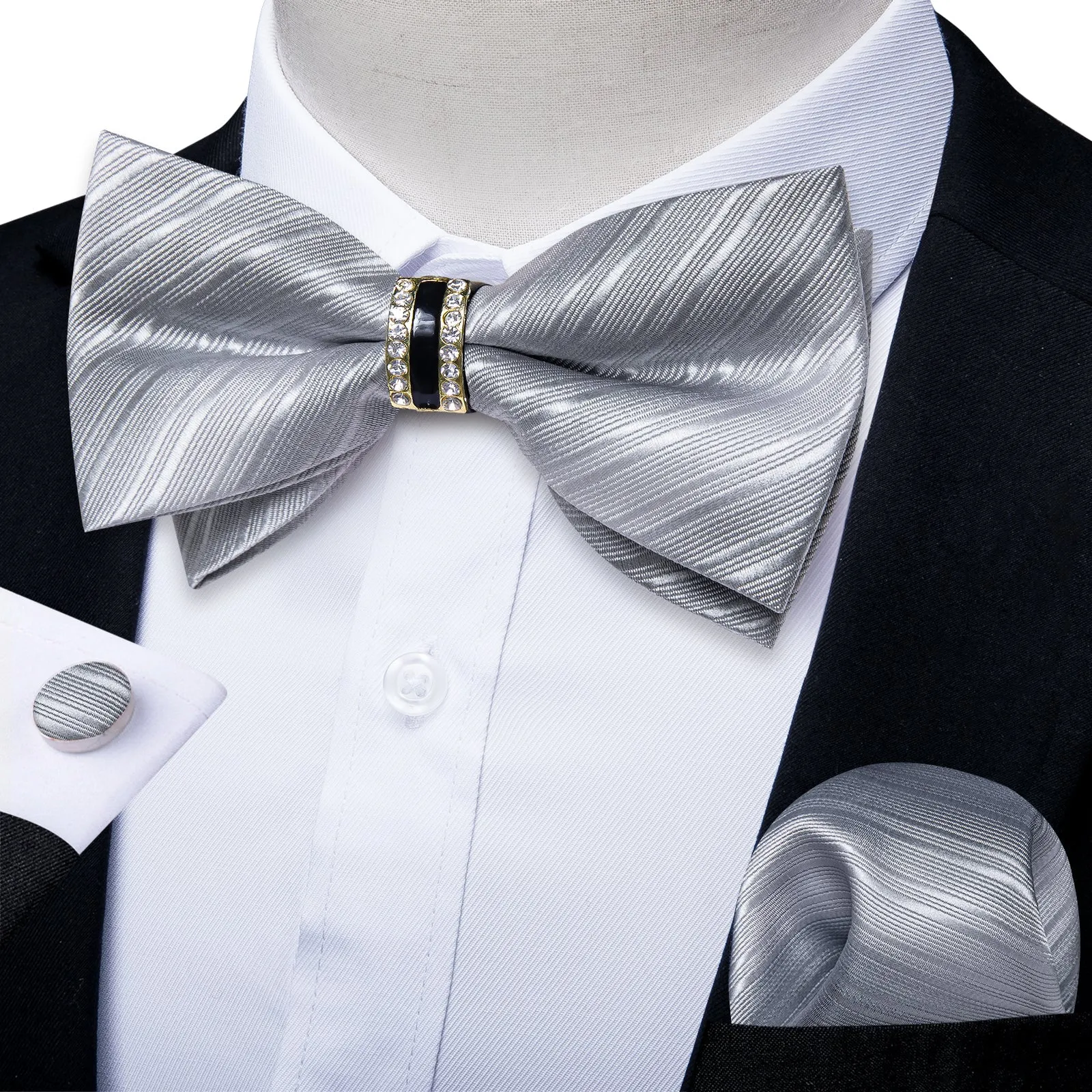 Ties2you Striped Silver Bowtie Pre-tied Ring Bow Tie Handkerchief Cufflinks Set for Men sold by Ties2You