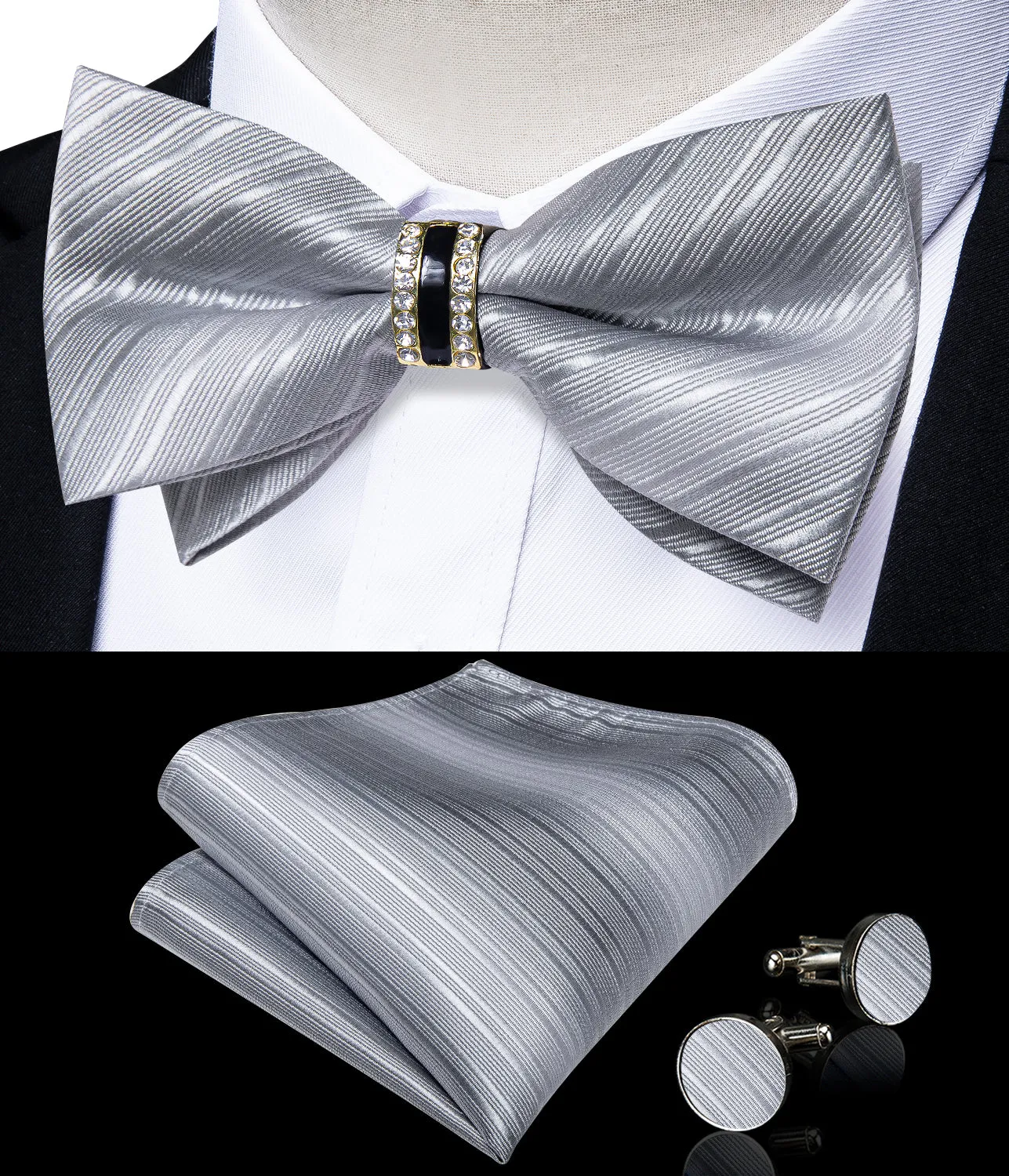 Ties2you Striped Silver Bowtie Pre-tied Ring Bow Tie Handkerchief Cufflinks Set for Men sold by Ties2You product image thumbnail 2