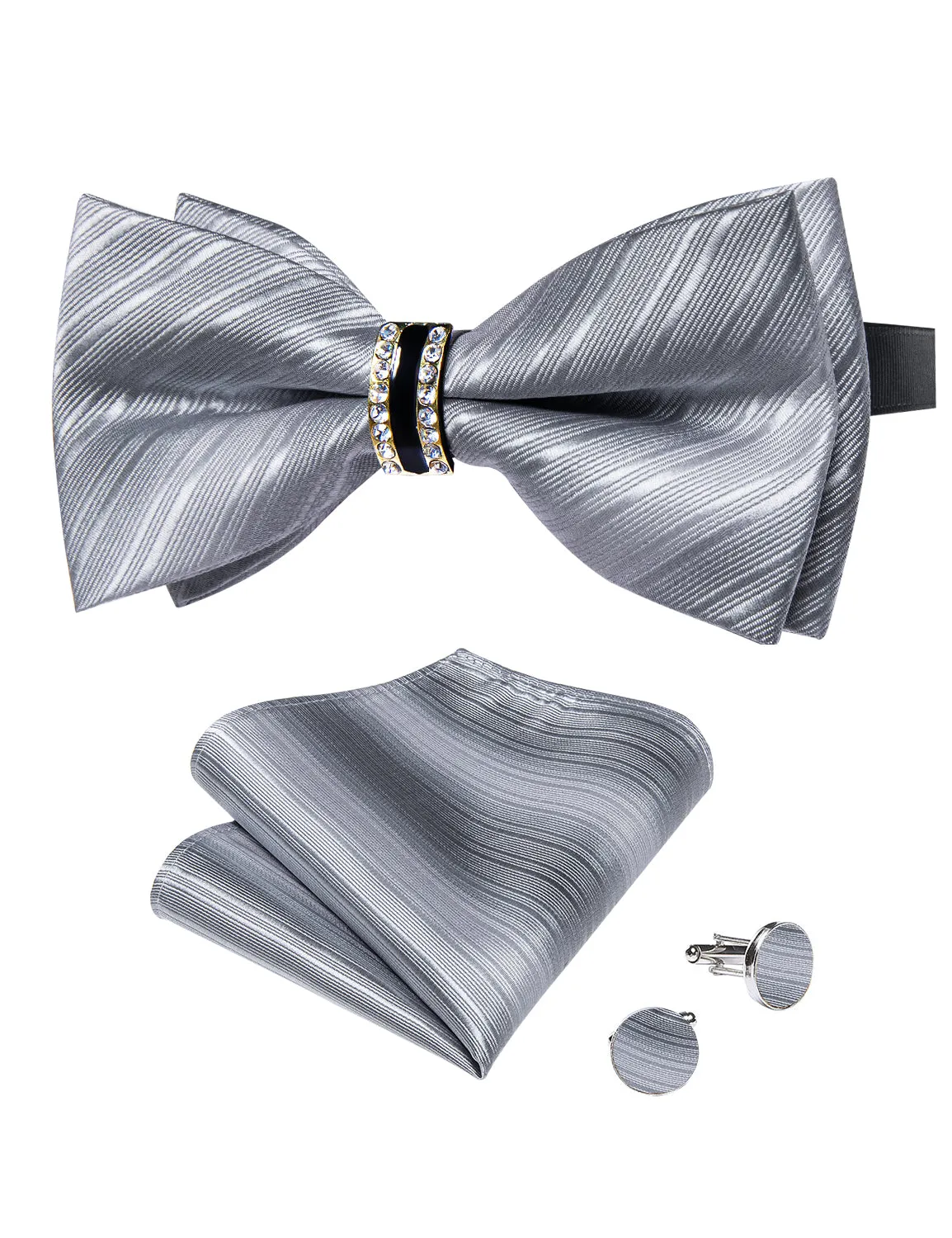 Ties2you Striped Silver Bowtie Pre-tied Ring Bow Tie Handkerchief Cufflinks Set for Men sold by Ties2You product image thumbnail 3