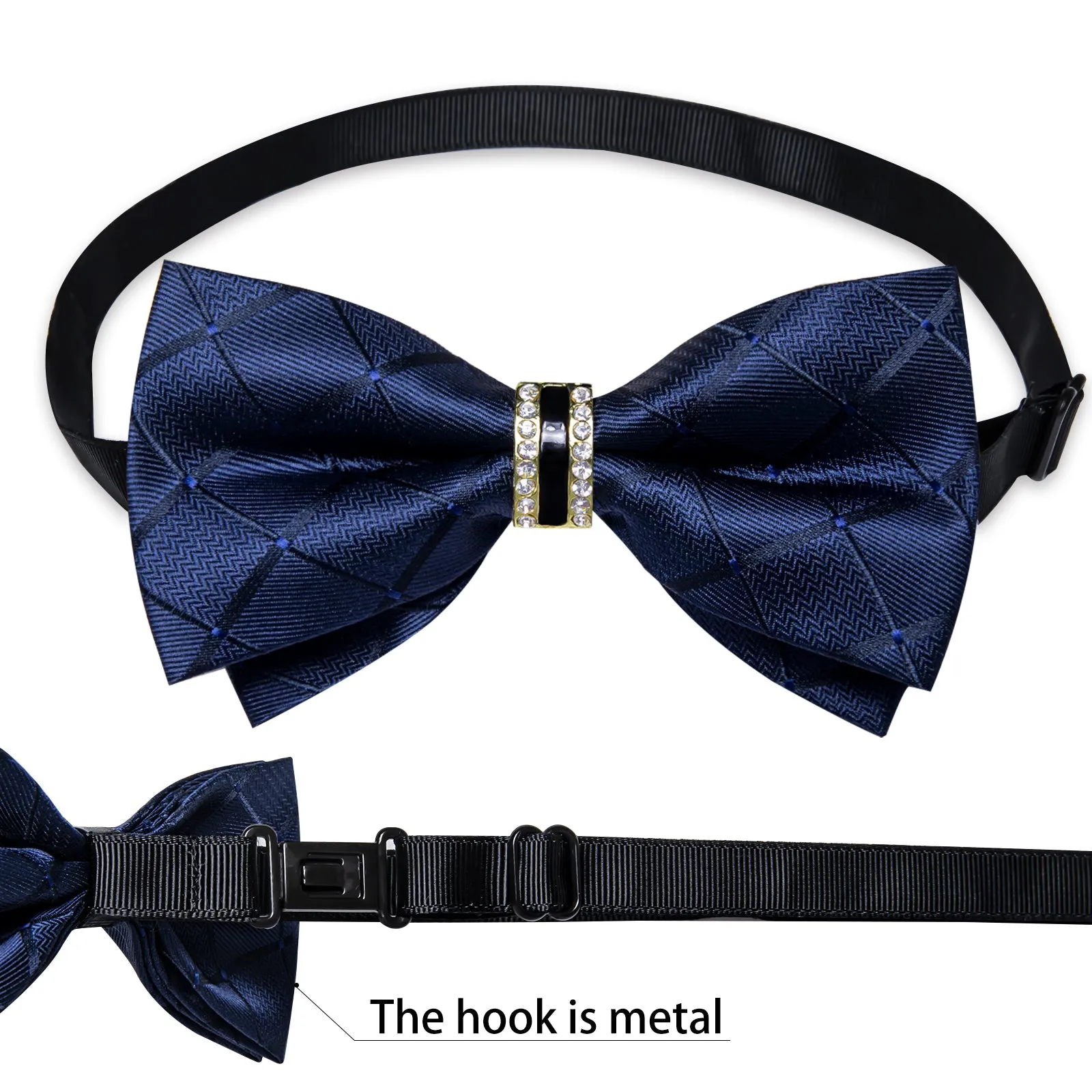 Ties2you Navy Blue Plaid Pre-tied Formal Tuxedo Ring Bow Tie Hanky Cufflinks Set sold by Ties2You product image thumbnail 5