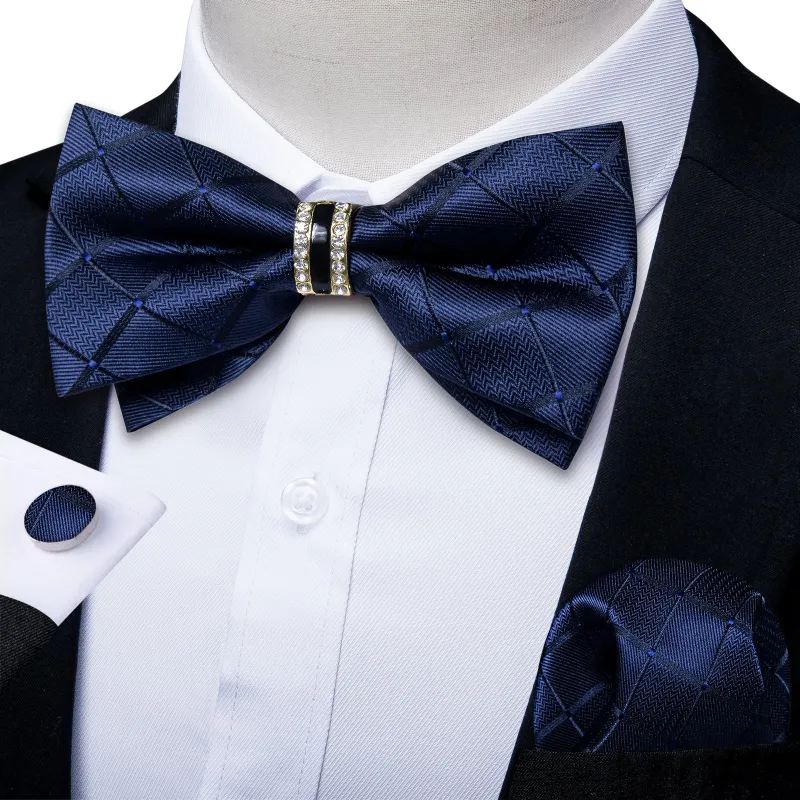 Ties2you Navy Blue Plaid Pre-tied Formal Tuxedo Ring Bow Tie Hanky Cufflinks Set sold by Ties2You