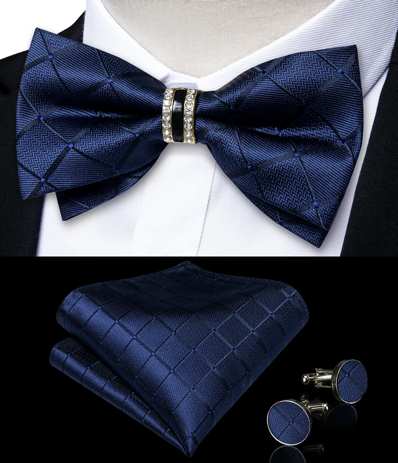 Ties2you Navy Blue Plaid Pre-tied Formal Tuxedo Ring Bow Tie Hanky Cufflinks Set sold by Ties2You product image thumbnail 2
