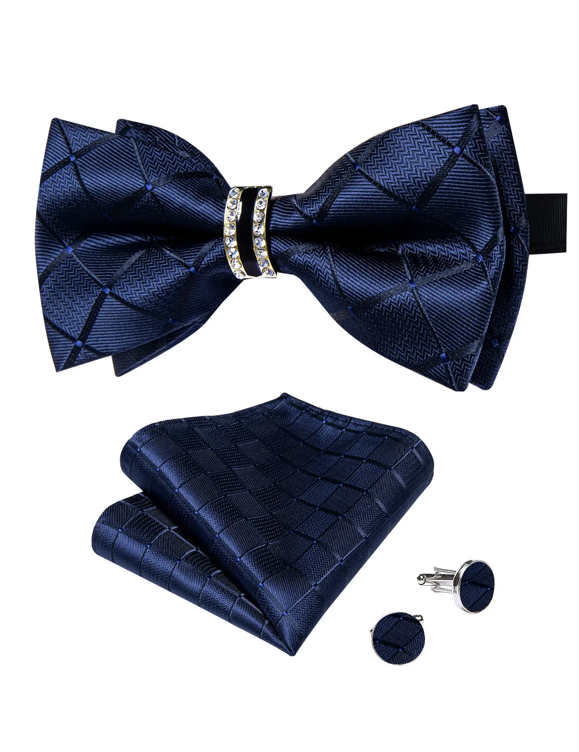 Ties2you Navy Blue Plaid Pre-tied Formal Tuxedo Ring Bow Tie Hanky Cufflinks Set sold by Ties2You product image thumbnail 3