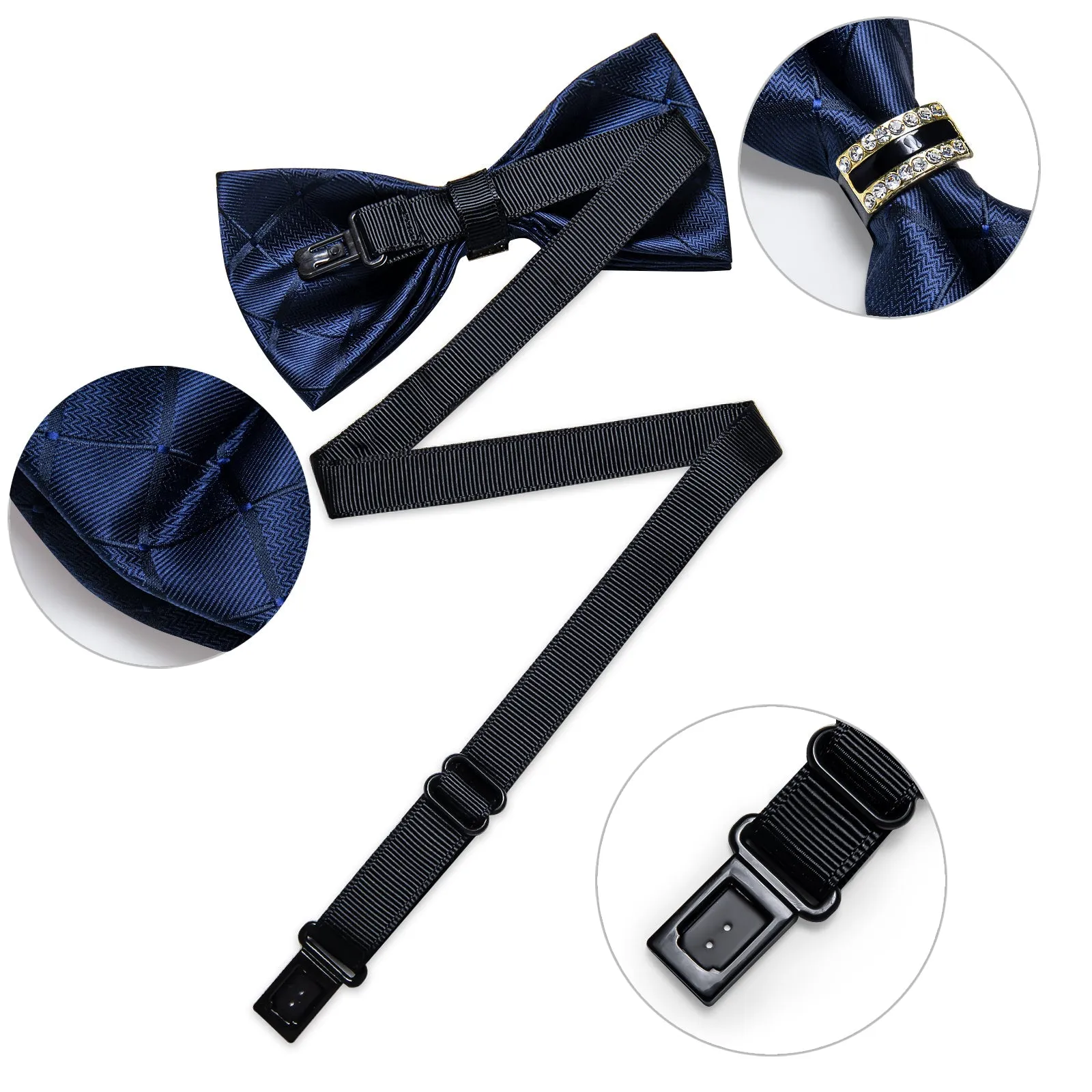 Ties2you Navy Blue Plaid Pre-tied Formal Tuxedo Ring Bow Tie Hanky Cufflinks Set sold by Ties2You product image thumbnail 4
