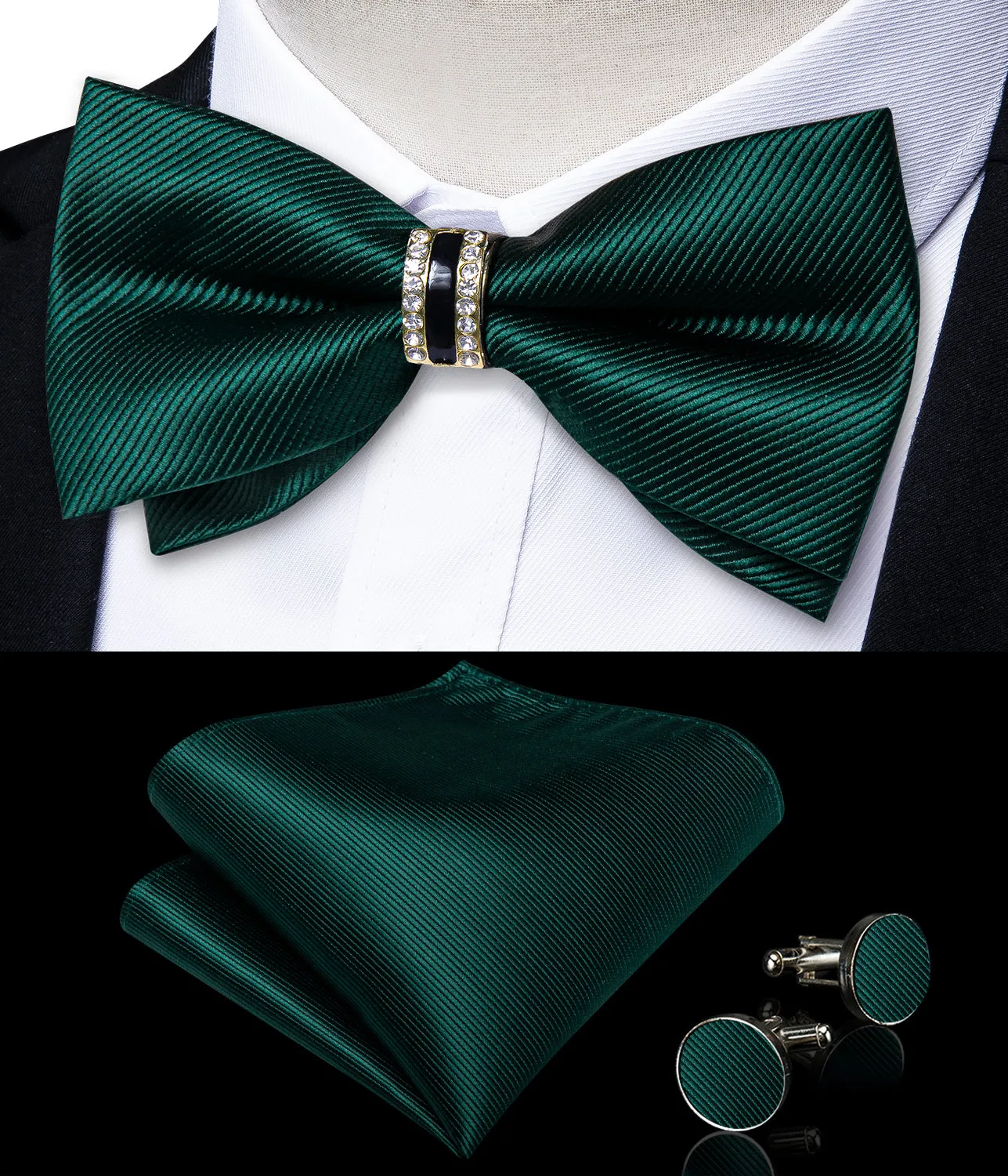 Ties2you Men's Hunter Green Tuxedo Bowtie Pre-tied Solid Ring Bow Tie Hanky Cufflinks Set sold by Ties2You product image thumbnail 3