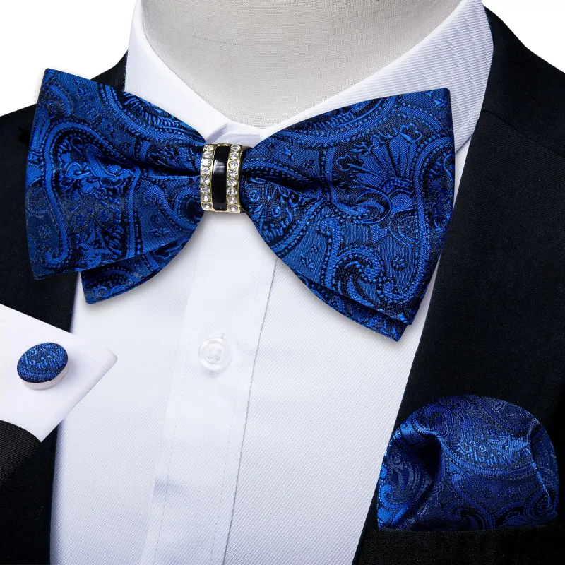 Ties2you Men's Royal Blue Paisley Tuxedo Bowtie Pre-tied Ring Bow Tie Hanky Cufflinks Set sold by Ties2You