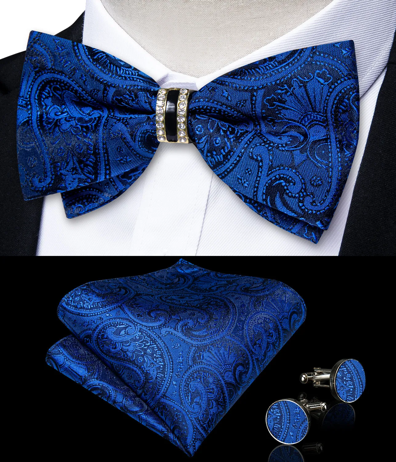 Ties2you Men's Royal Blue Paisley Tuxedo Bowtie Pre-tied Ring Bow Tie Hanky Cufflinks Set sold by Ties2You product image thumbnail 3