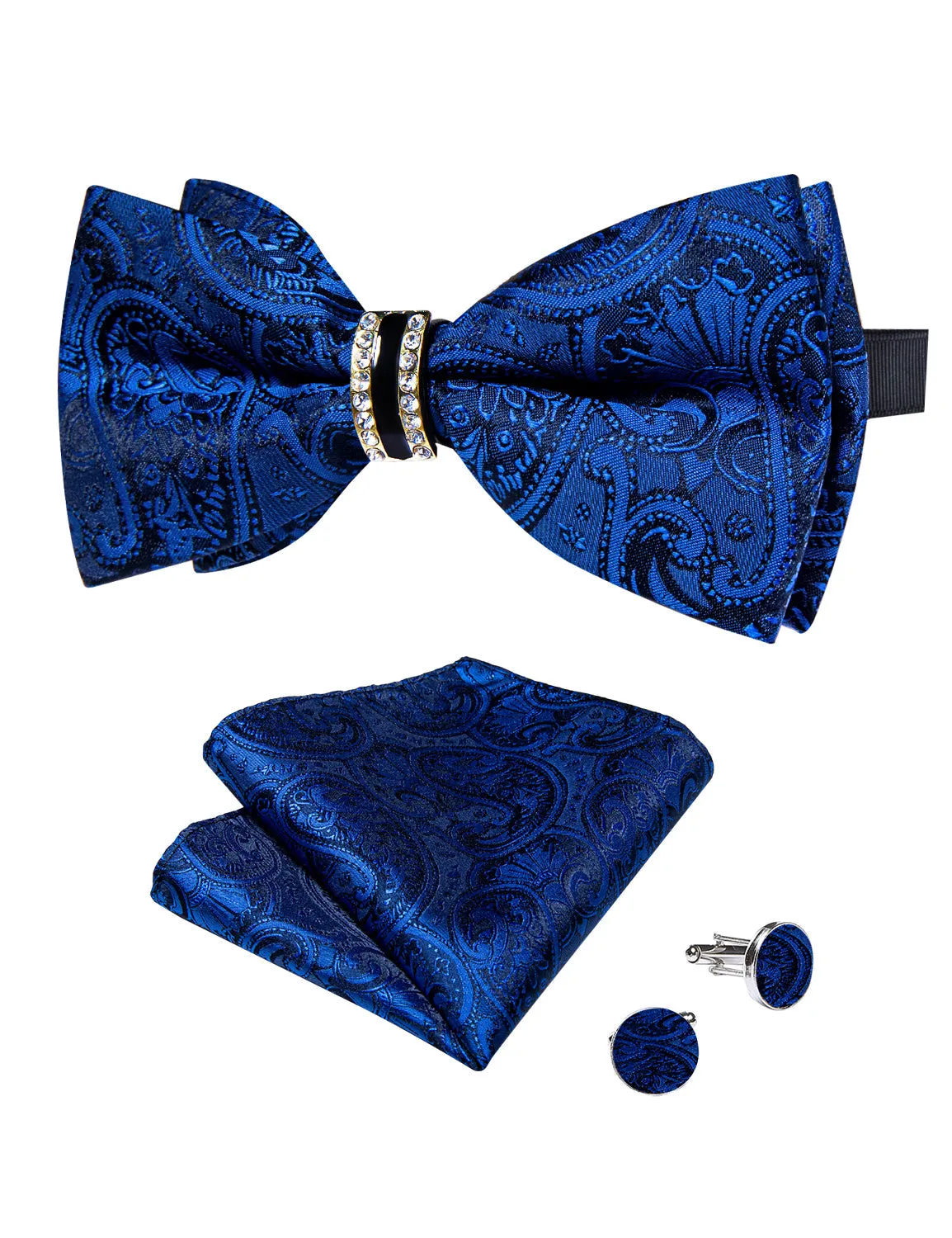 Ties2you Men's Royal Blue Paisley Tuxedo Bowtie Pre-tied Ring Bow Tie Hanky Cufflinks Set sold by Ties2You product image thumbnail 2