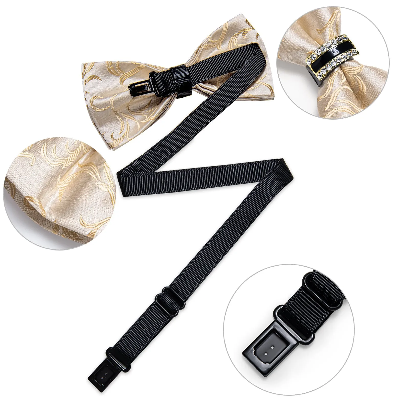 Ties2you Champagne Floral Bowtie Pre-tied Wedding Ring Bow Tie Hanky Cufflinks Set sold by Ties2You product image thumbnail 4