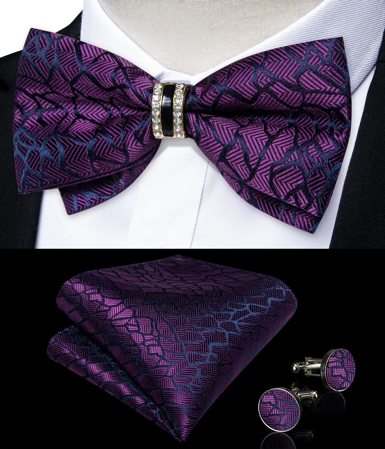 Ties2you Purple Pre-tied Tuxedo Bowtie Striped Ring Bow Tie Hanky Cufflinks Set sold by Ties2You product image thumbnail 2