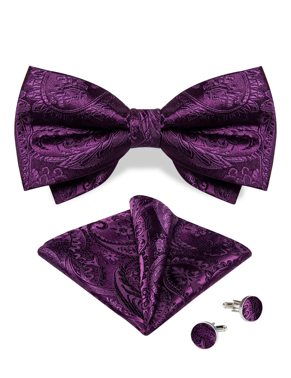 Ties2you Violet Paisley Bowtie Pre-tied Formal Bow Tie Handkerchief Cufflinks Set sold by Ties2You product image thumbnail 4