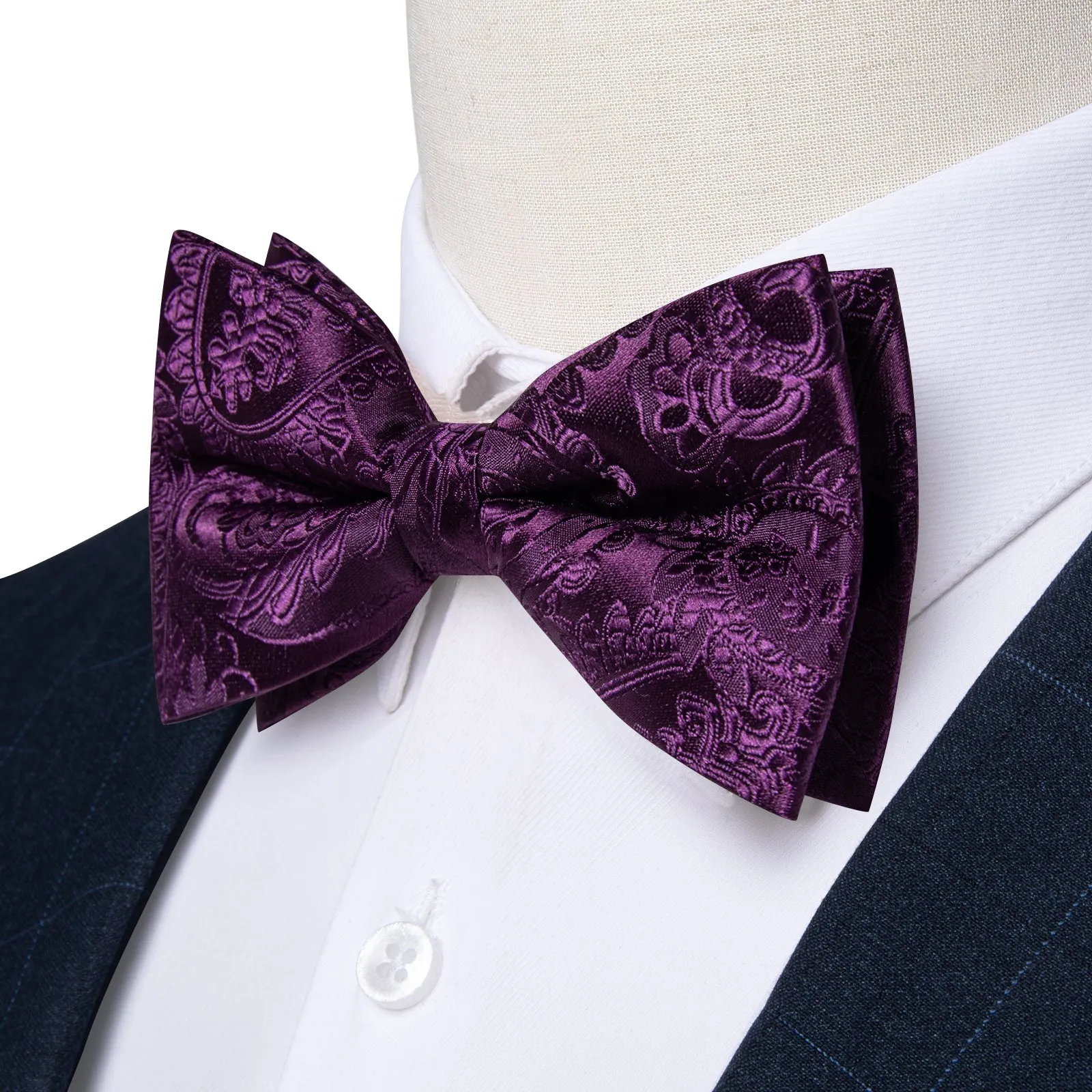 Ties2you Violet Paisley Bowtie Pre-tied Formal Bow Tie Handkerchief Cufflinks Set sold by Ties2You product image thumbnail 3