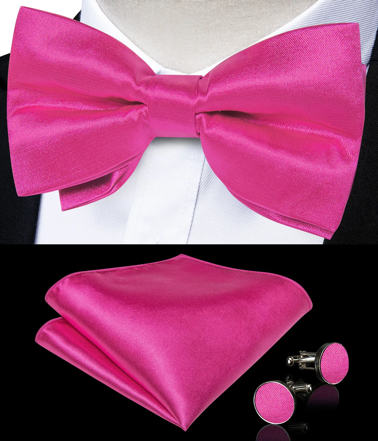 Ties2you Hot Pink Self-tie Tuxedo Bow Tie Solid Formal Bowtie Hanky Cufflinks Set for Men sold by Ties2You