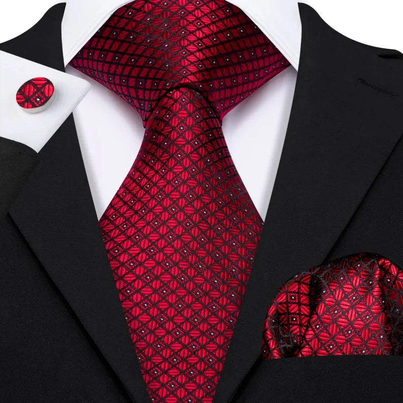 Burgundy Red Plaid Men's Necktie Pocket Square Cufflinks Set sold by Ties2You
