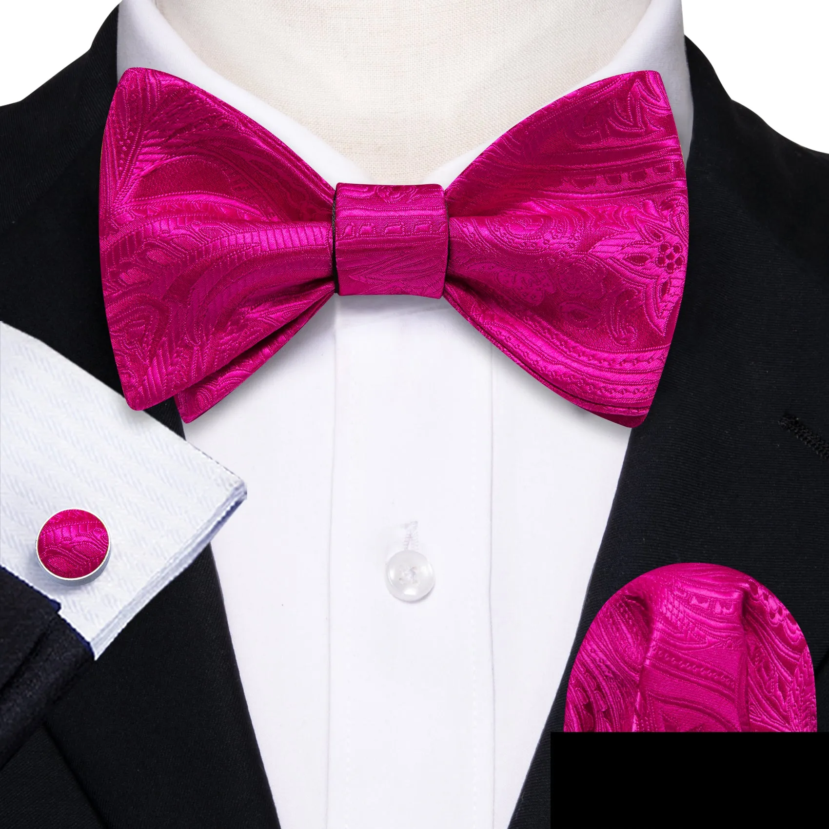Ties2you Fuchsia Pink Bowtie Floral Self-tie Tuxedo Bow Tie Hanky Cufflinks Set for Men sold by Ties2You