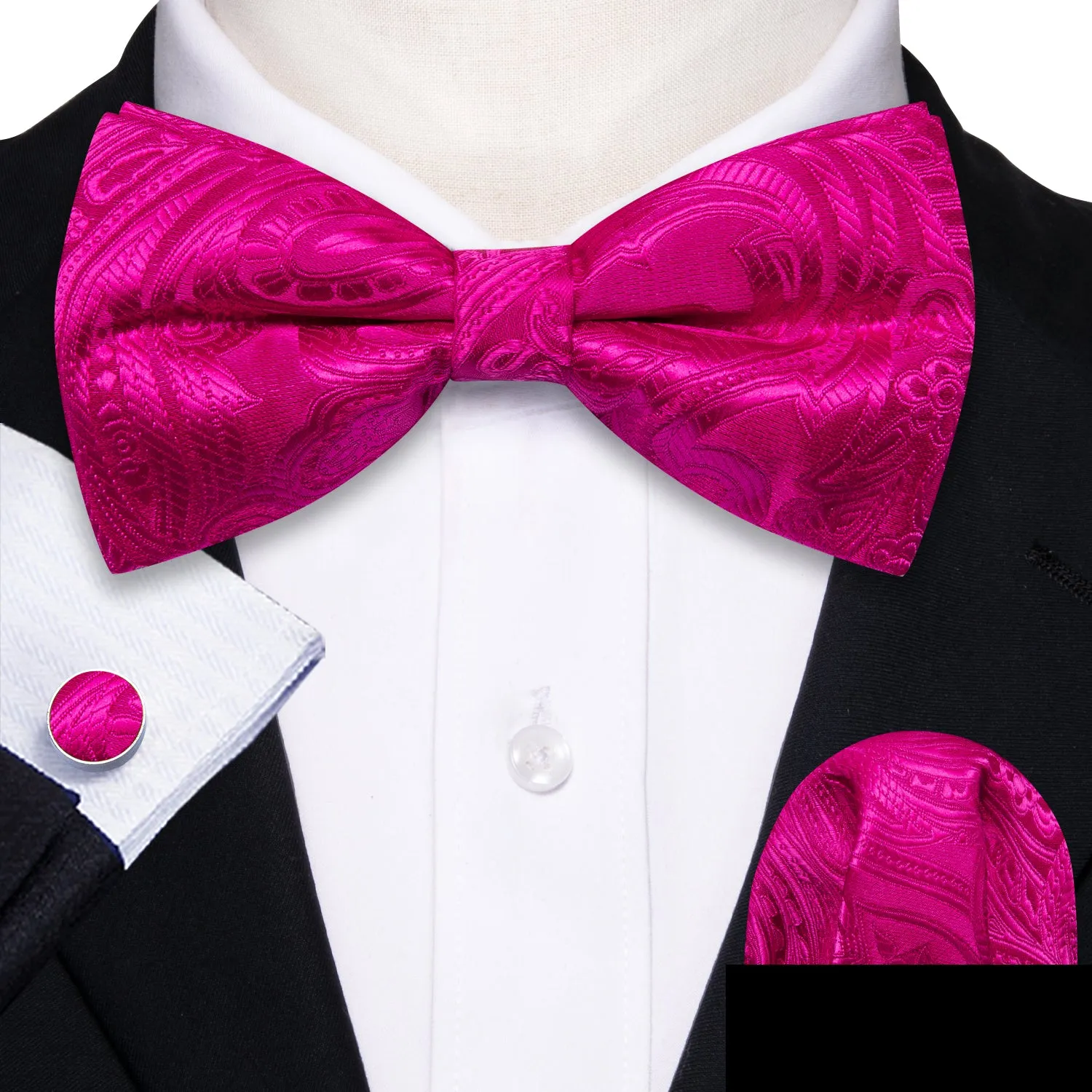 Ties2you Fuchsia Pink Bowtie Floral Pre-tied Tuxedo Bow Tie Hanky Cufflinks Set sold by Ties2You