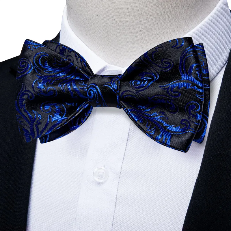 Ties2you Floral Blue Bow Tie Self-tie Black Tuxedo Bowtie Handkerchief Cufflinks Set sold by Ties2You