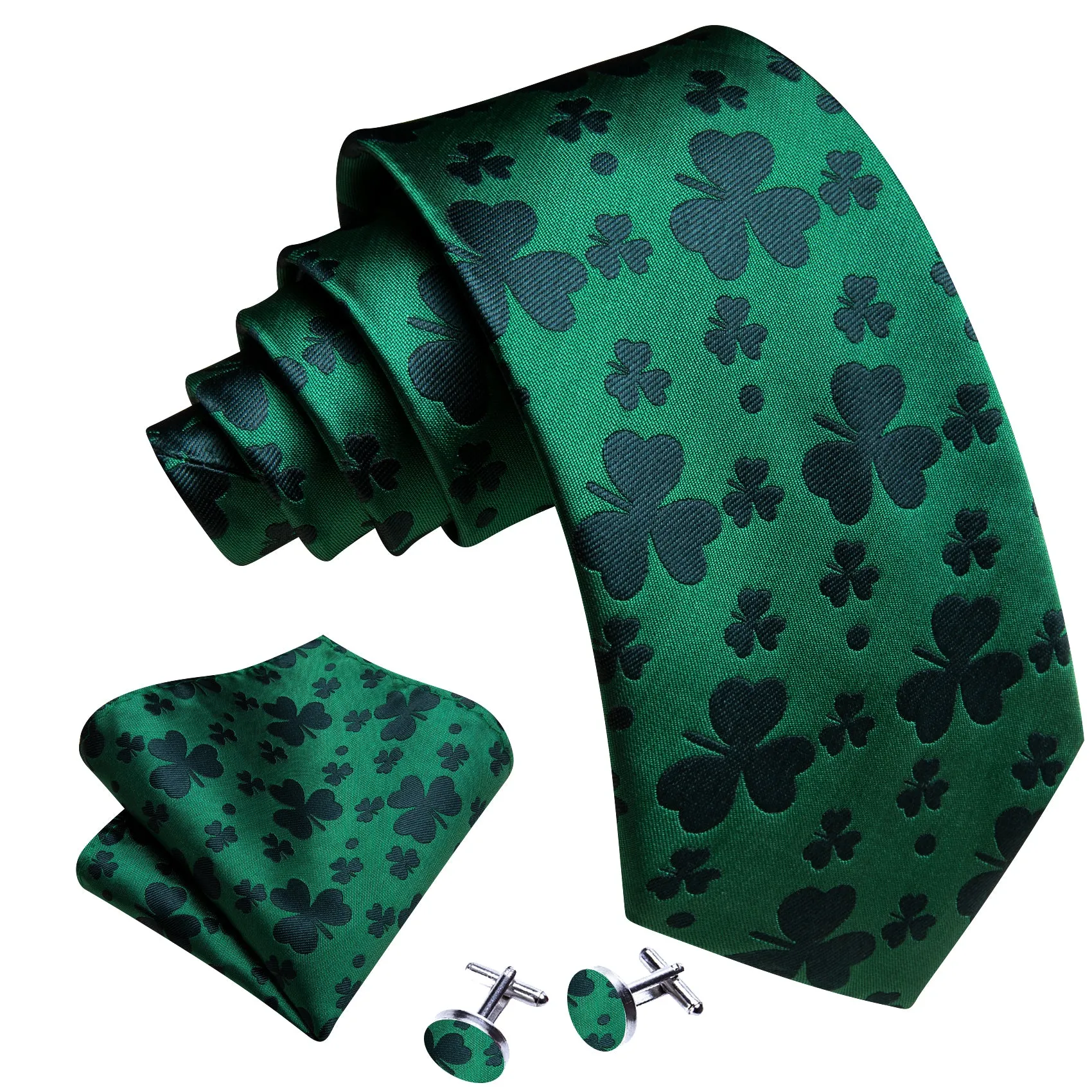 Green DarkGreen Clover Botanical Men's Necktie Pocket Square Cufflinks Set sold by Ties2You product image thumbnail 2