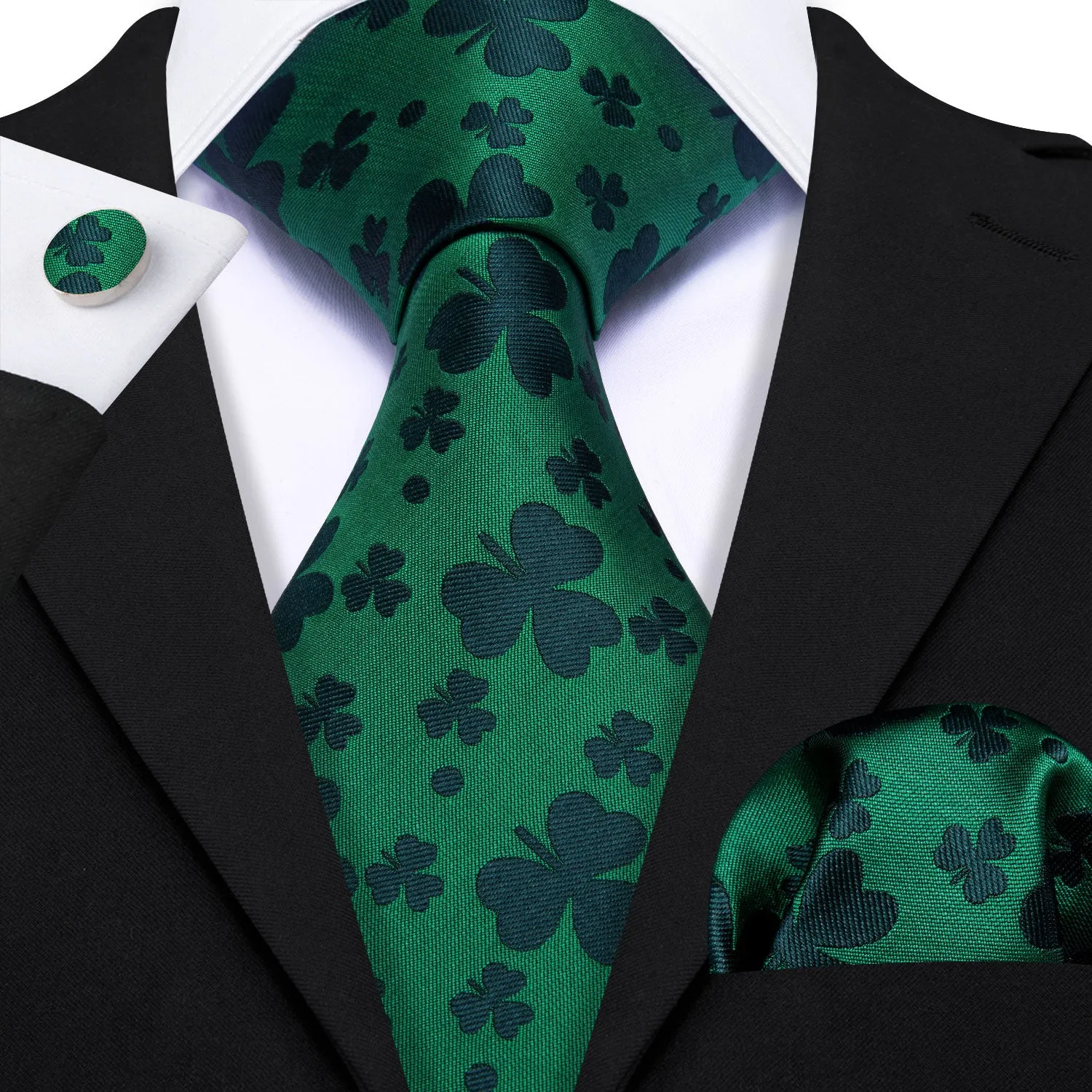 Green DarkGreen Clover Botanical Men's Necktie Pocket Square Cufflinks Set sold by Ties2You product image thumbnail 3