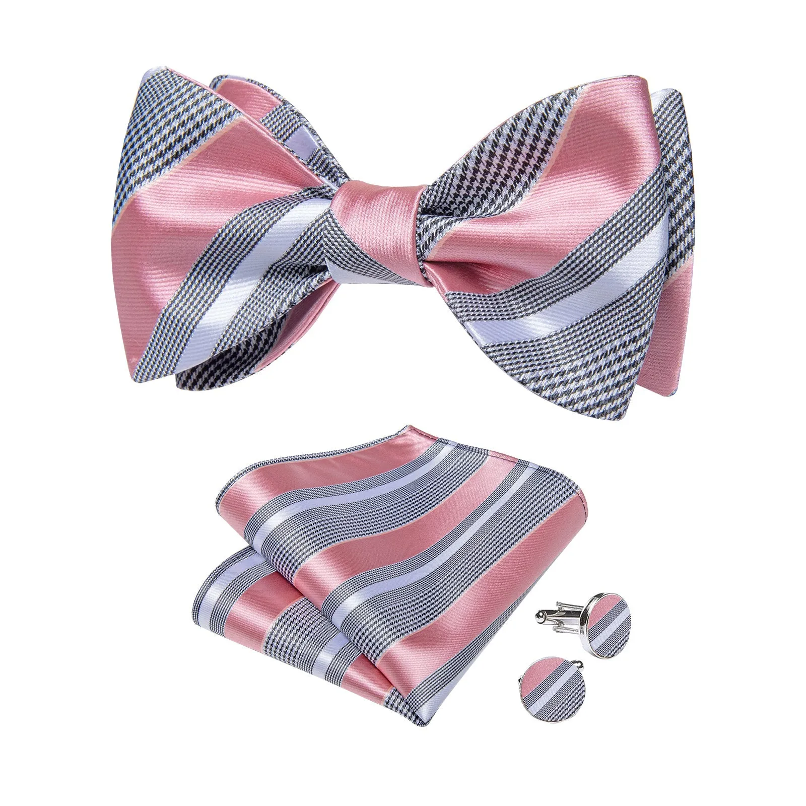 Ties2you Striped Pink Tuxedo Bowtie Self-tie Formal Grey Bow Tie Hanky Cufflinks Set sold by Ties2You product image thumbnail 2