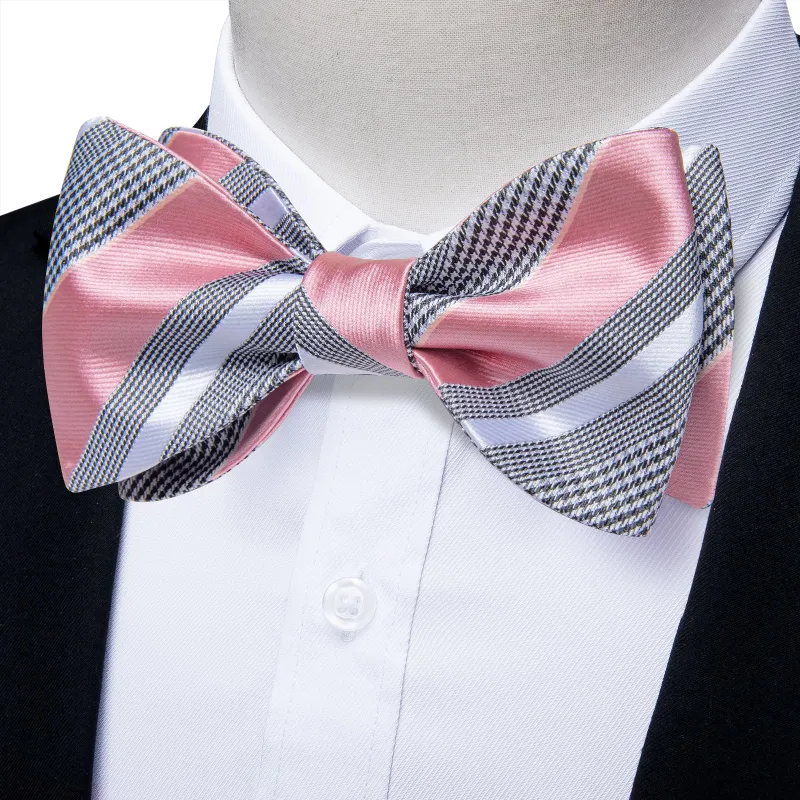 Ties2you Striped Pink Tuxedo Bowtie Self-tie Formal Grey Bow Tie Hanky Cufflinks Set sold by Ties2You