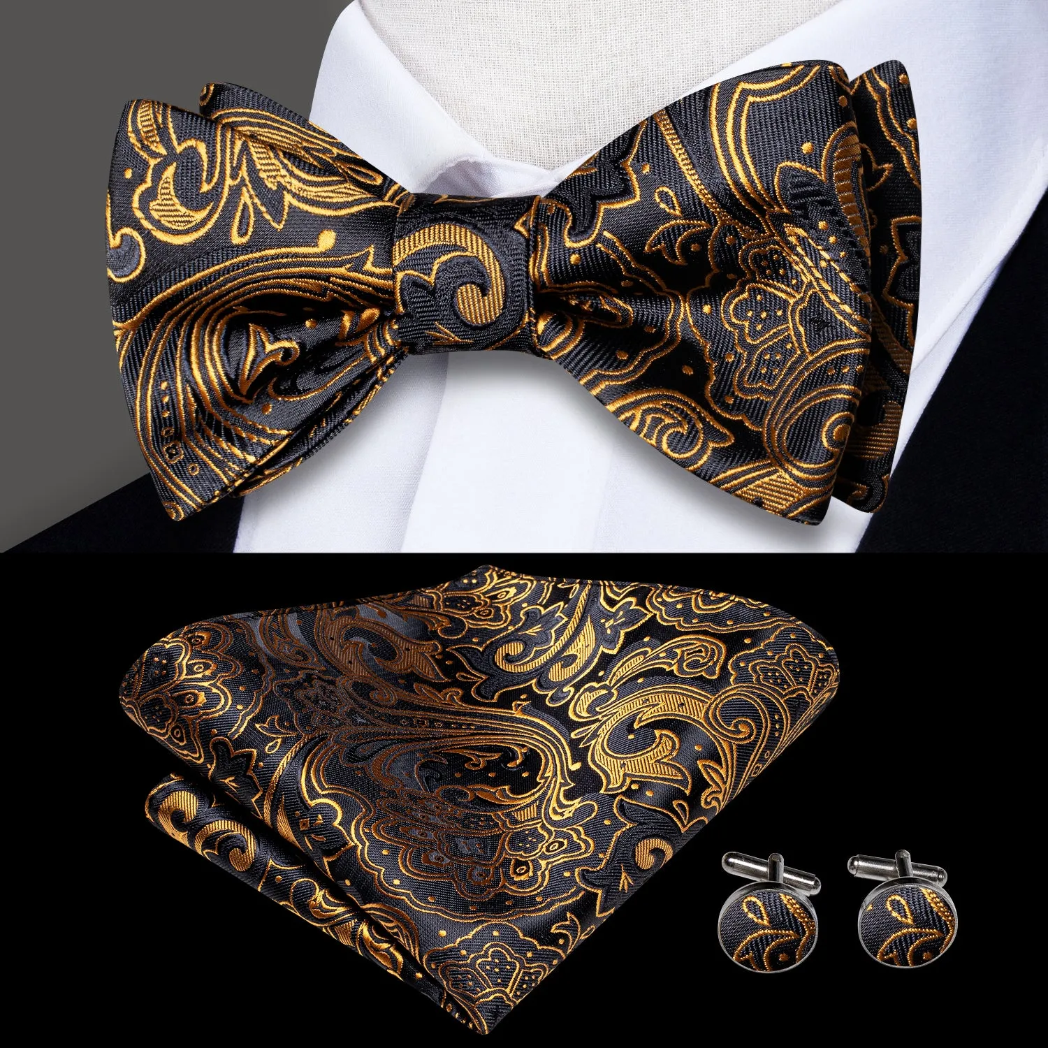Ties2you Gold Paisley Bowtie Self-tie Black Bow Tie Handkerchief Cufflinks Set sold by Ties2You