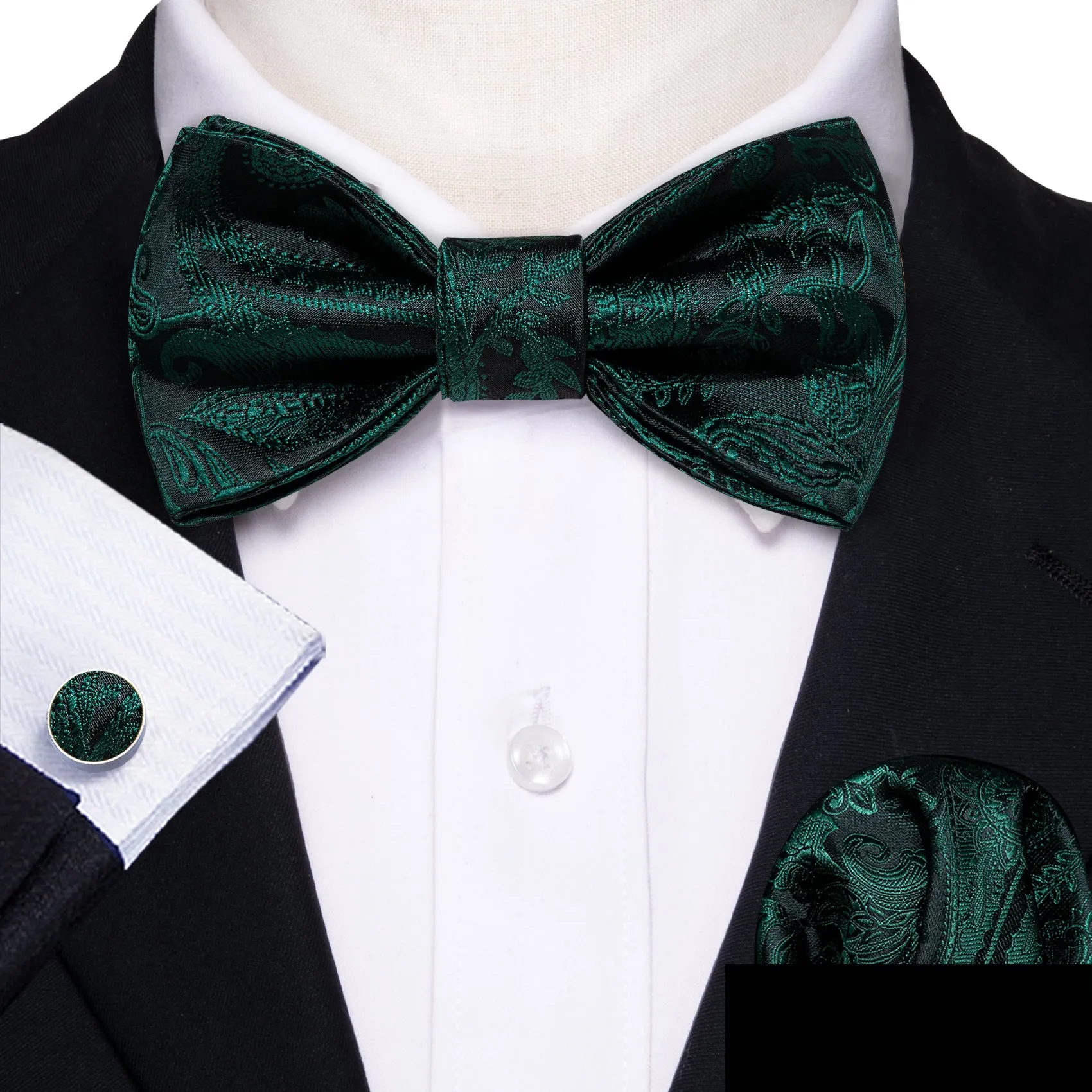 Ties2you Paisley Hunter Green Bowtie Self-tie Bow Tie Pocket Square Cufflinks Set sold by Ties2You product image thumbnail 2