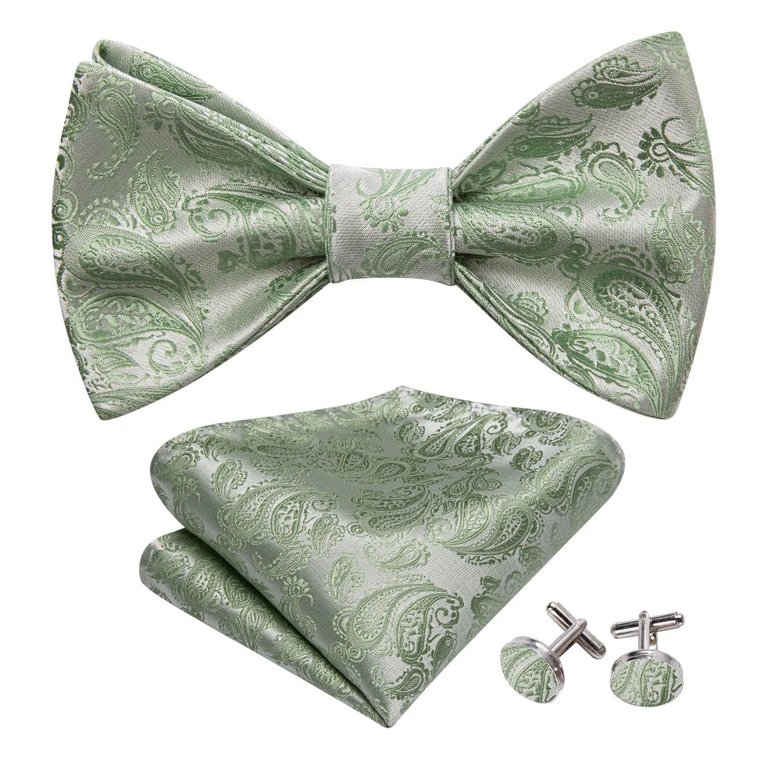 Ties2you Sage Green Paisley Bowtie Self-tie Bow Tie Handkerchief Cufflinks Set sold by Ties2You product image thumbnail 2