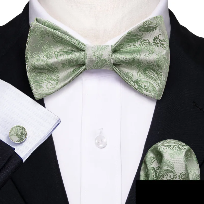 Ties2you Sage Green Paisley Bowtie Self-tie Bow Tie Handkerchief Cufflinks Set sold by Ties2You