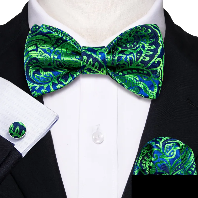 Ties2you Green Bowtie Paisley Self-Tie Tuxedo Bow Tie Pocket Square Cufflinks Set sold by Ties2You