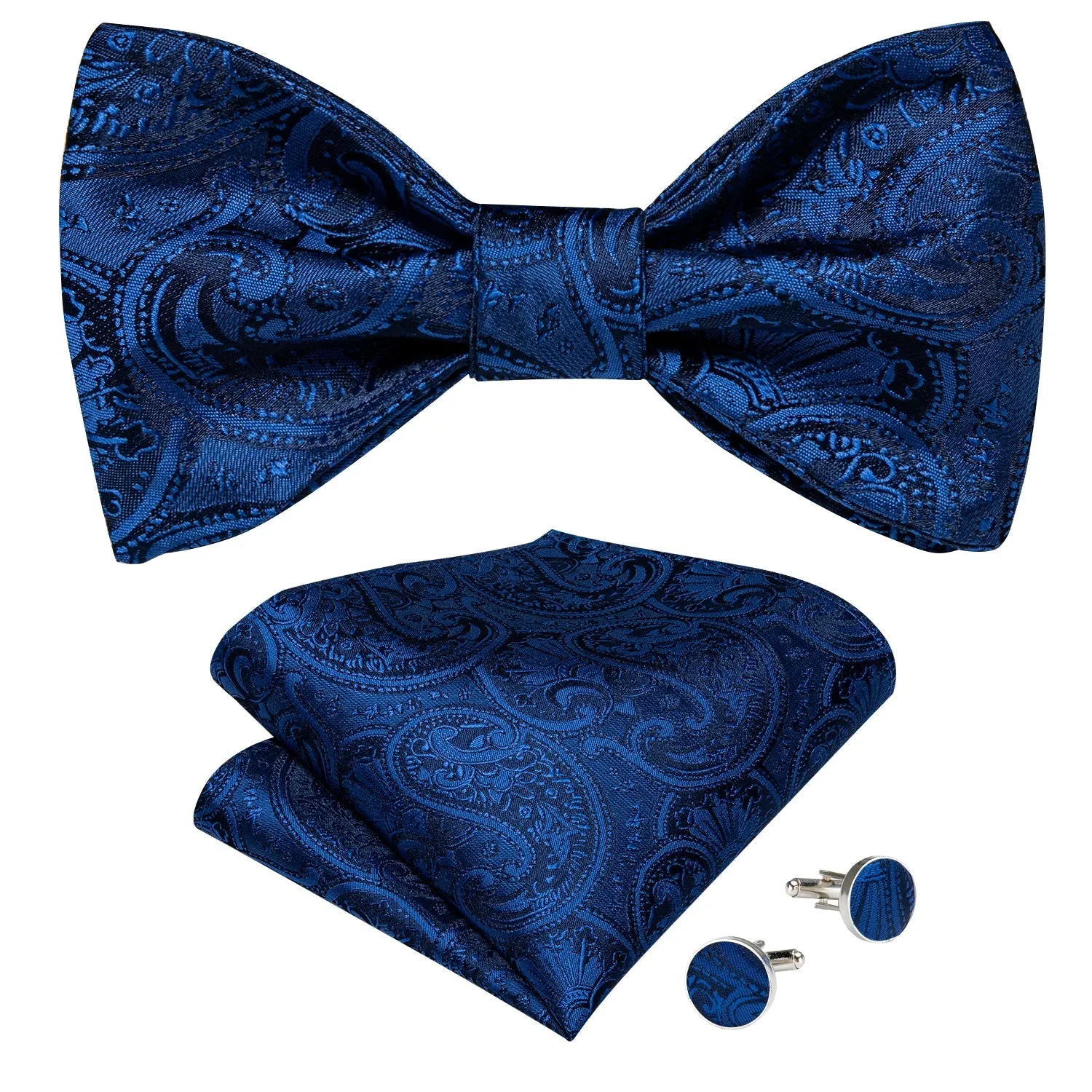 Ties2you Paisley Classic Blue Self-tie Bow Tie Hanky Cufflinks Set with Lapel Pin sold by Ties2You product image thumbnail 2