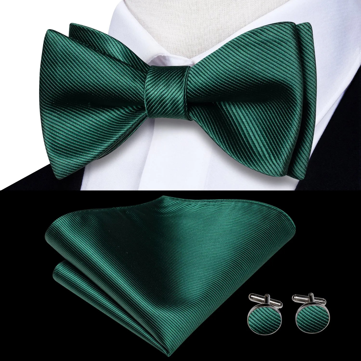 Ties2you Green Self-tie Bowtie Formal Solid Bow Tie Handkerchief Cufflinks Set sold by Ties2You product image thumbnail 2