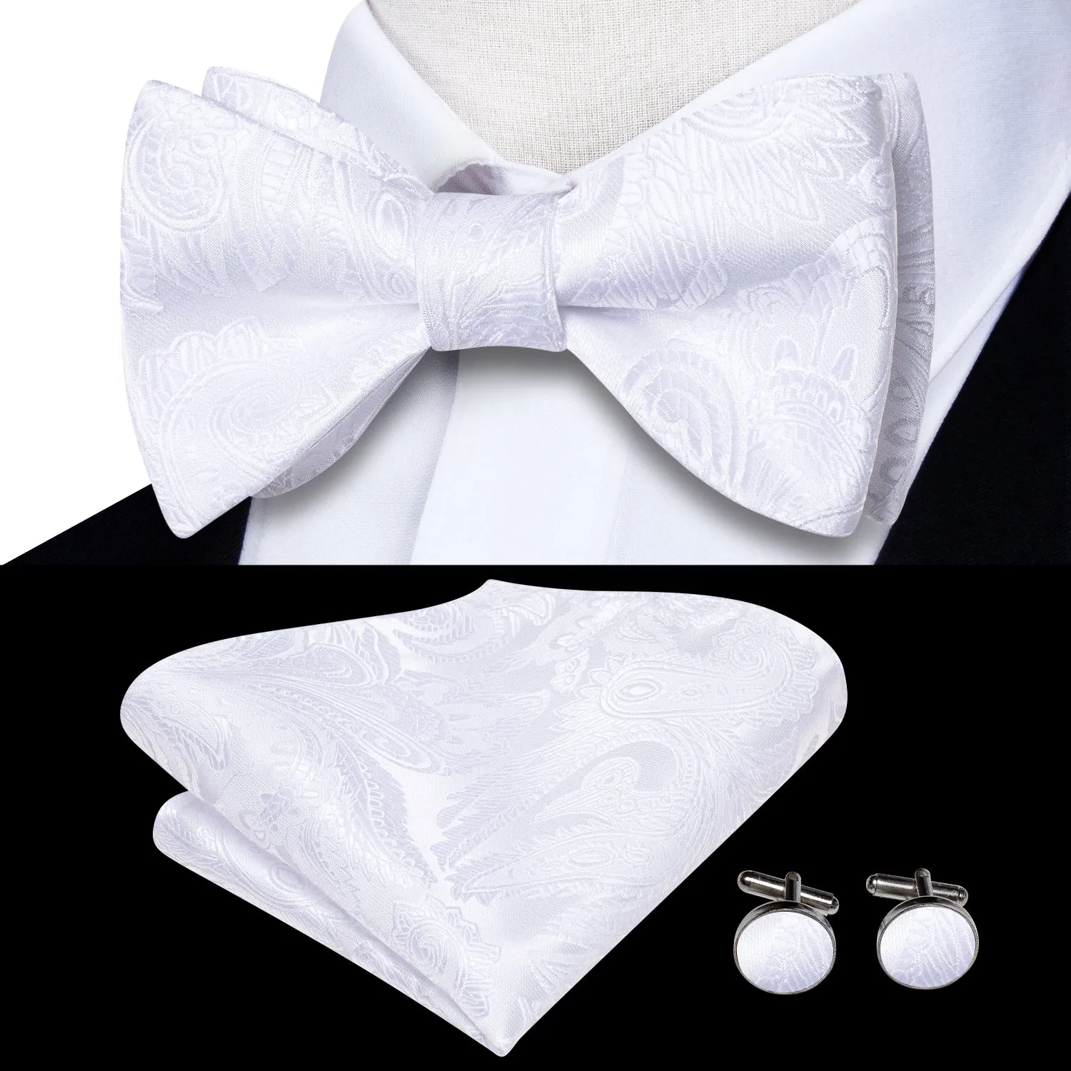 Ties2you White Self-tie Tuxedo Bowtie Solid Bow Tie Pocket Square Cufflinks Set sold by Ties2You product image thumbnail 2