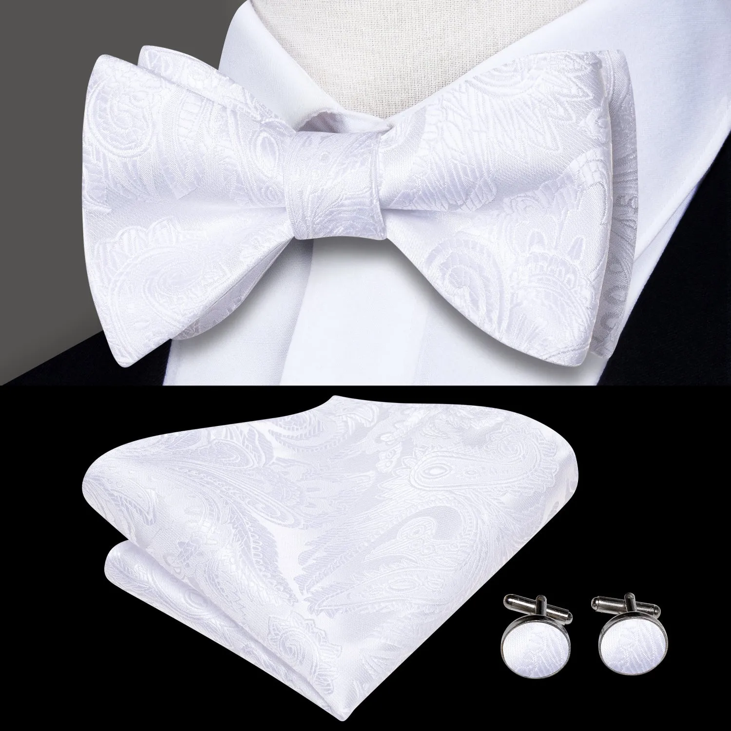 Ties2you White Self-tie Tuxedo Bowtie Solid Bow Tie Pocket Square Cufflinks Set sold by Ties2You