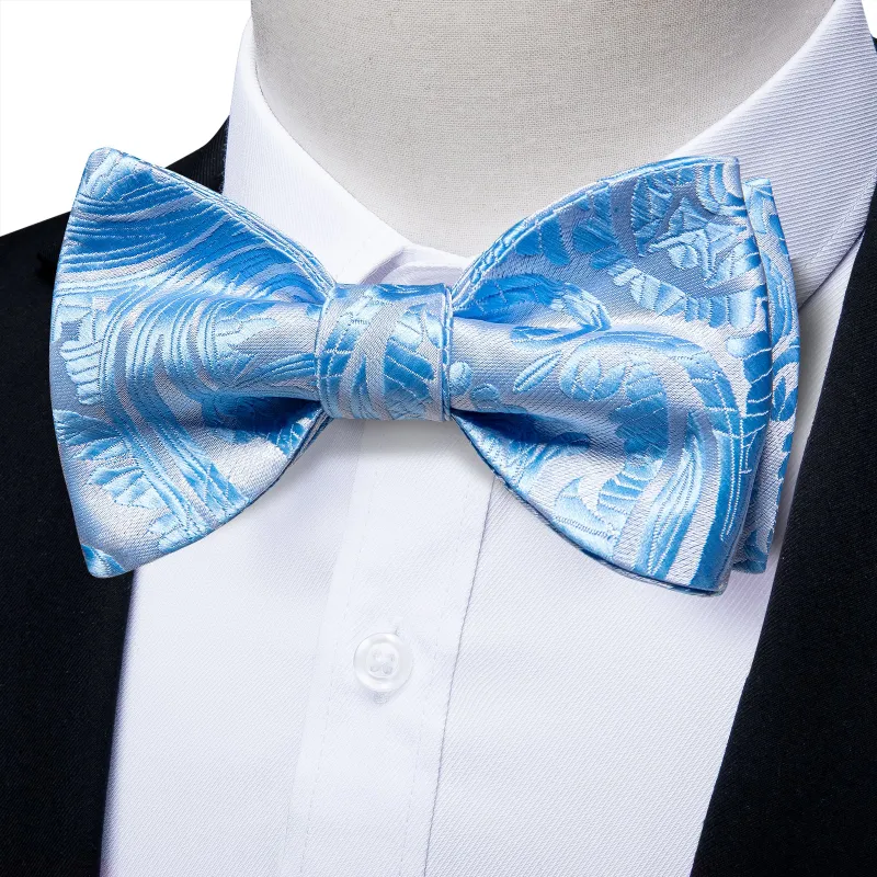 Ties2you Sky Blue Paisley Bow Tie Self-tie Tuxedo Bowtie Handkerchief Cufflinks Set sold by Ties2You