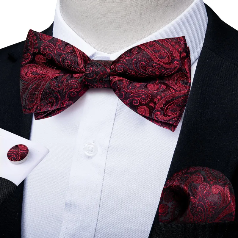 Ties2you Burgundy Paisley Tuxedo Bowtie Pre-tied Bow Tie Handkerchief Cufflinks Set sold by Ties2You