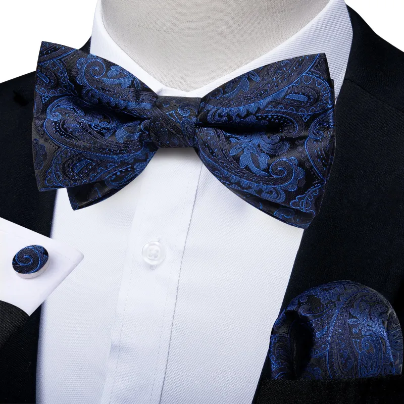 Ties2you Blue Floral Tuxedo Bowtie Pre-tied Black Bow Tie Handkerchief Cufflinks Set sold by Ties2You