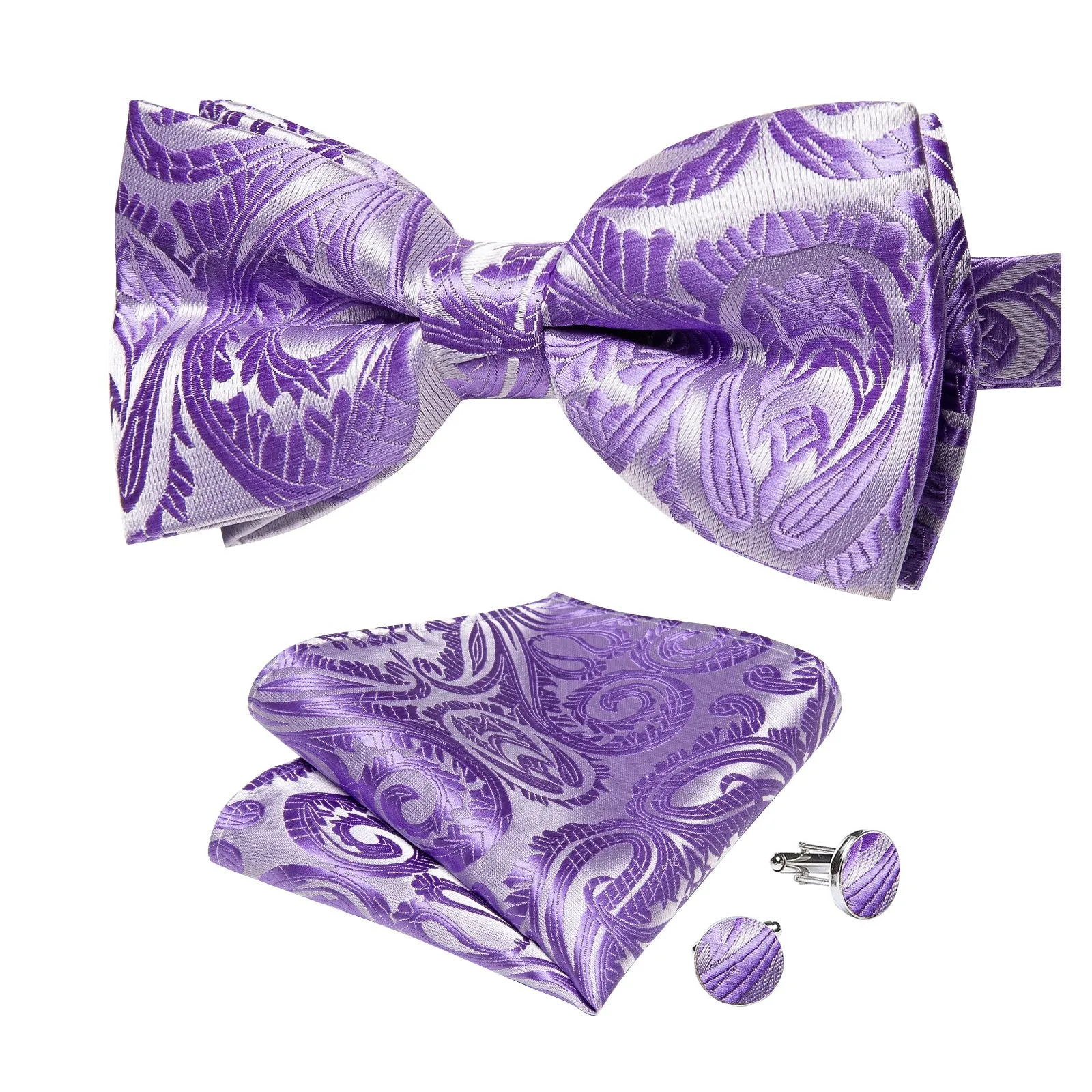 Ties2you Lavender Floral Bowtie Pre-tied Wedding Bow Tie Handkerchief Cufflinks Set sold by Ties2You product image thumbnail 5