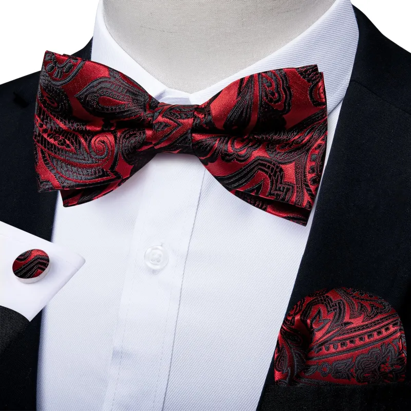 Ties2you Floral Red Bowtie Pre-tied Wedding Bow Tie Handkerchief Cufflinks Set sold by Ties2You