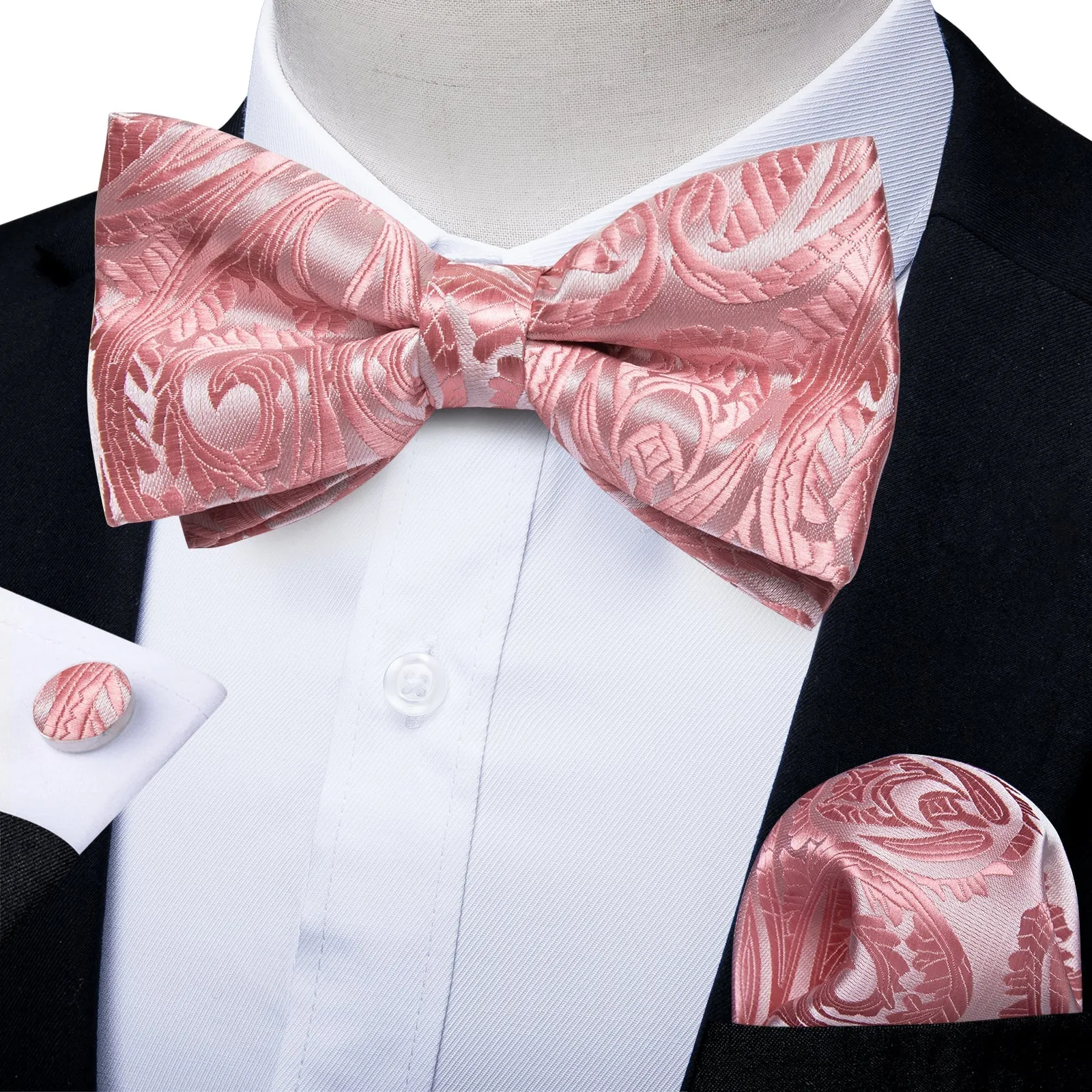 Ties2you Pink Floral Tuxedo Bowtie Pre-tied Bow Tie Pocket Square Cufflinks Set sold by Ties2You