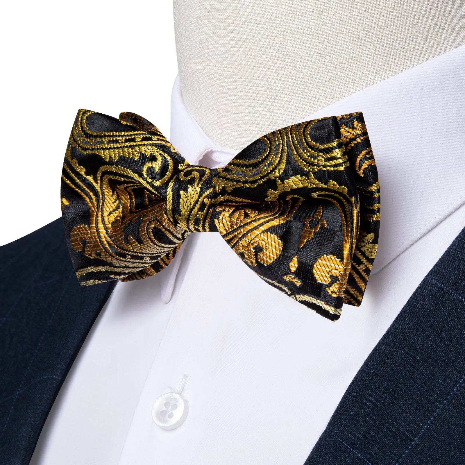 Ties2you Gold Floral Bowtie Black Pre-tied Bow Tie Handkerchief Cufflinks Set sold by Ties2You product image thumbnail 3