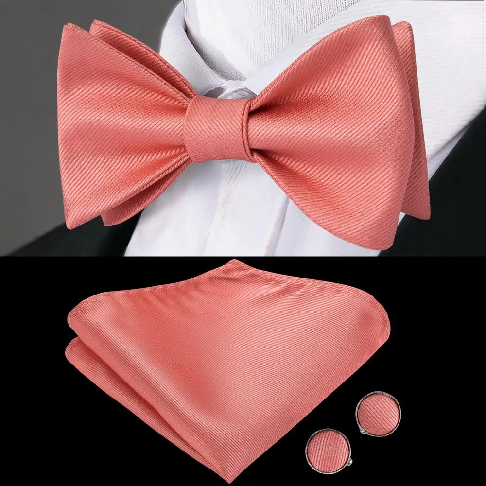 Ties2you Coral Pink Self-tie Bowtie Solid Tuxedo Bow Tie Pocket Square Cufflinks Set sold by Ties2You product image thumbnail 3