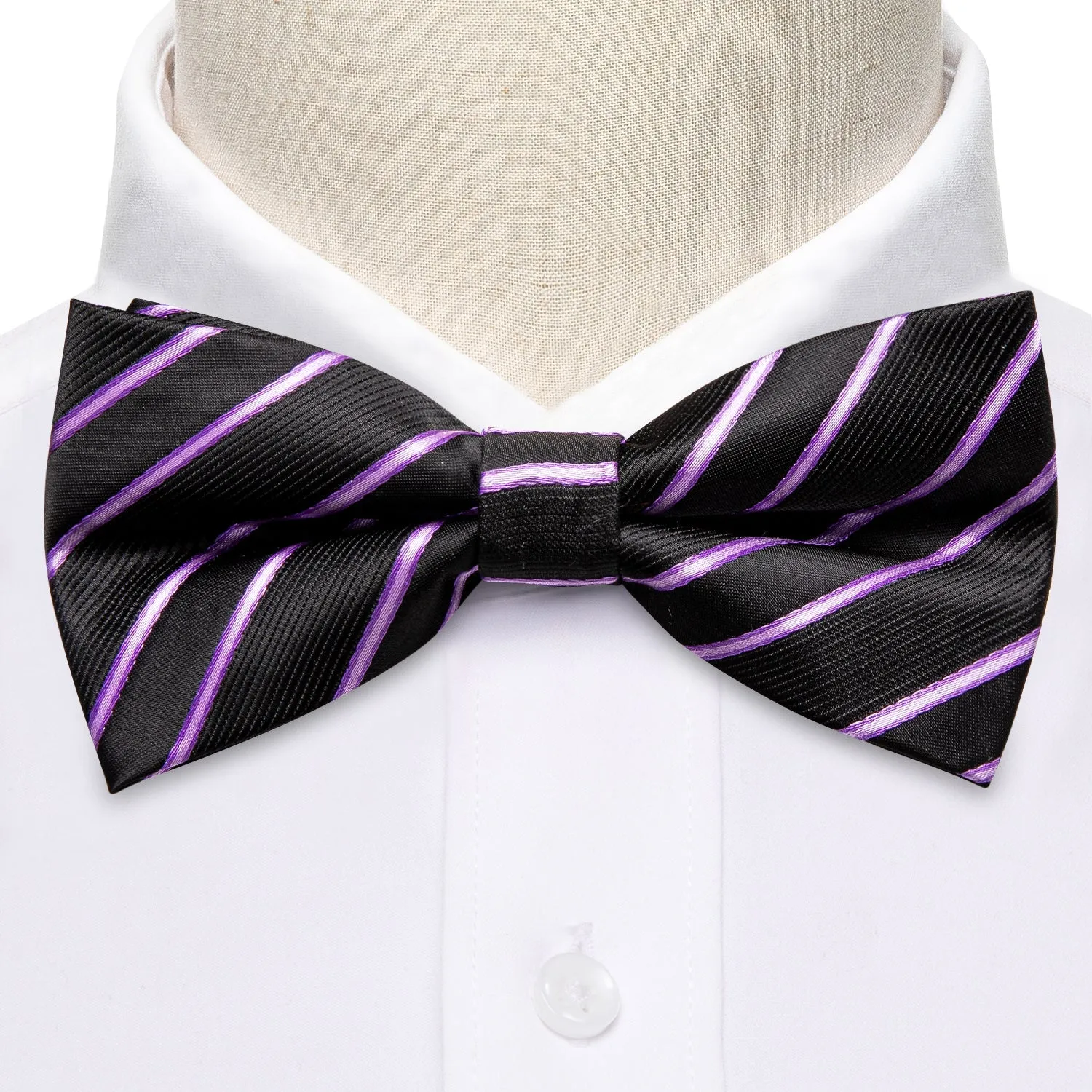Ties2you Purple Striped Bowtie Pre-tied Black Bow Tie Pocket Square Cufflinks Set sold by Ties2You product image thumbnail 3