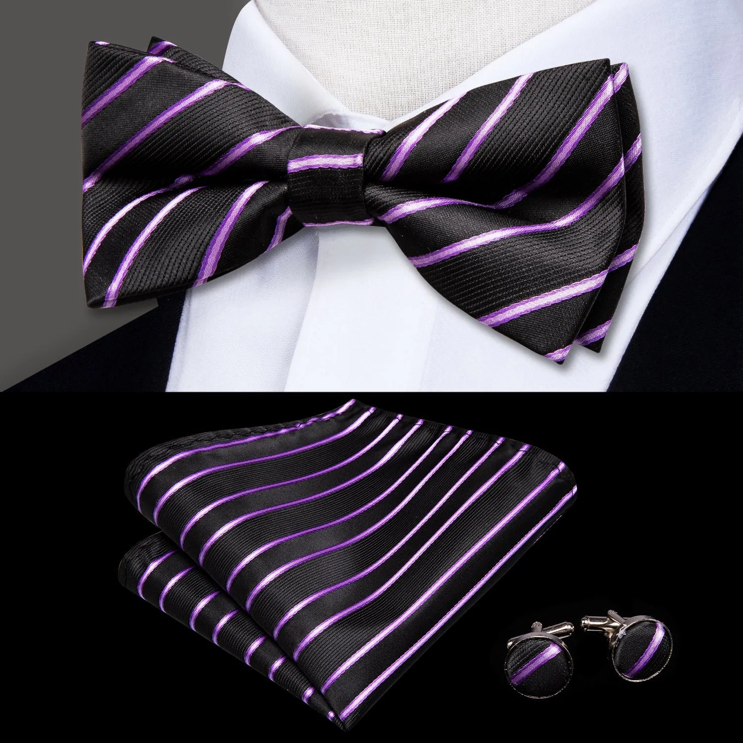 Ties2you Purple Striped Bowtie Pre-tied Black Bow Tie Pocket Square Cufflinks Set sold by Ties2You