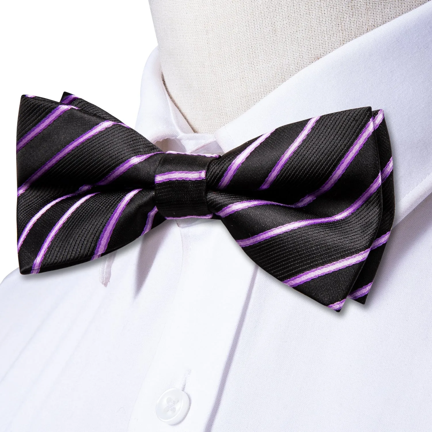 Ties2you Purple Striped Bowtie Pre-tied Black Bow Tie Pocket Square Cufflinks Set sold by Ties2You product image thumbnail 2