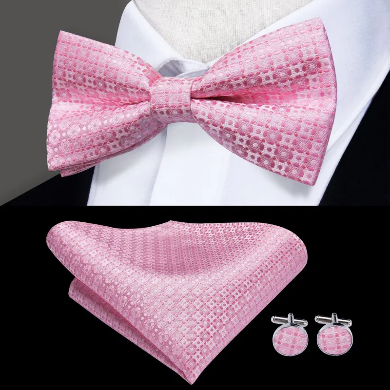 Ties2you Plaid Pink Bow Tie Pre-tied Tuxedo Bowtie Pocket Square Cufflinks Set sold by Ties2You