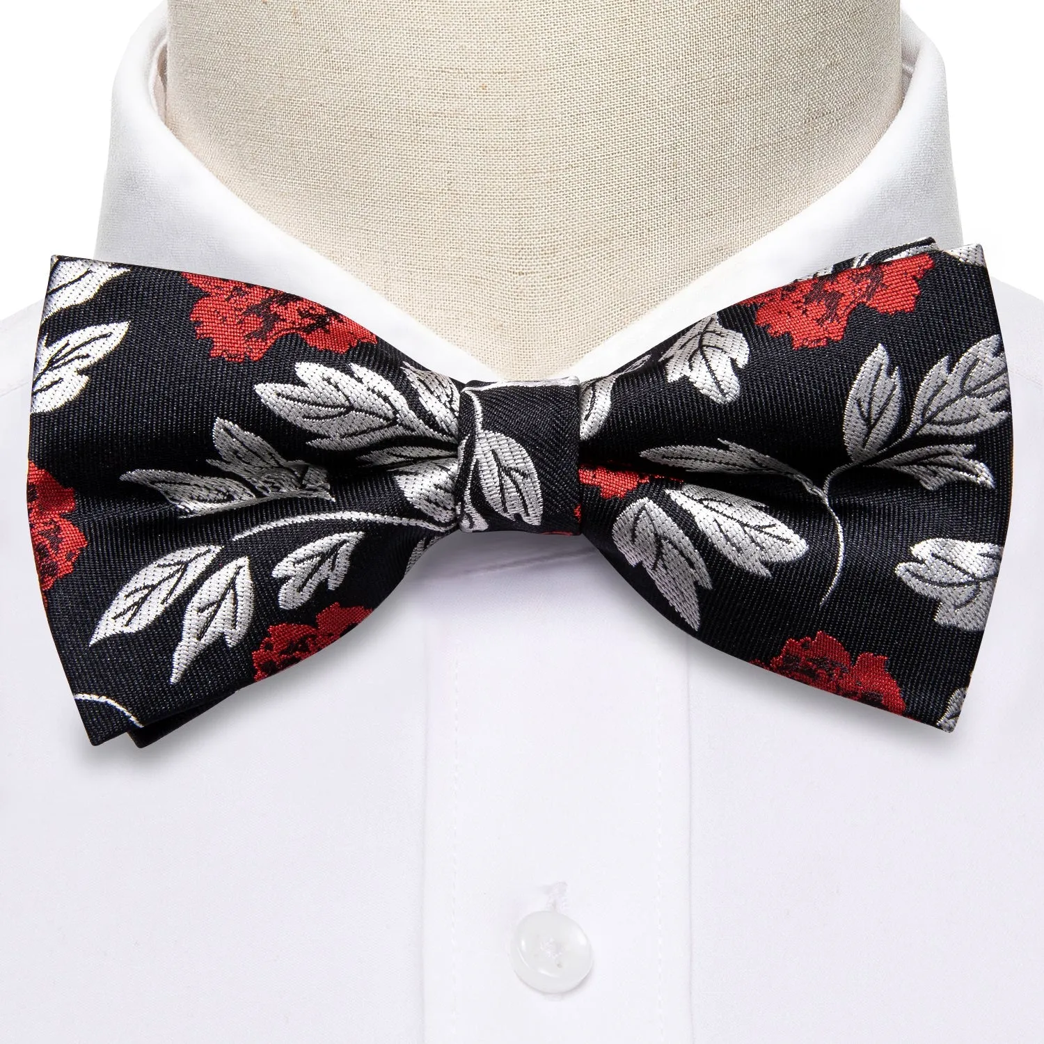 Ties2you Silver Floral Bowtie Pre-tied Black Bow Tie Pocket Square Cufflinks Set for Men sold by Ties2You product image thumbnail 3