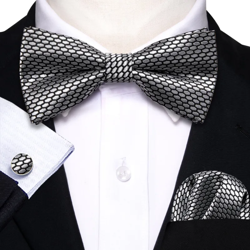Ties2you Grey Pre-tied Bow Tie Geometric Formal Bowtie Handkerchief Cufflinks Set sold by Ties2You