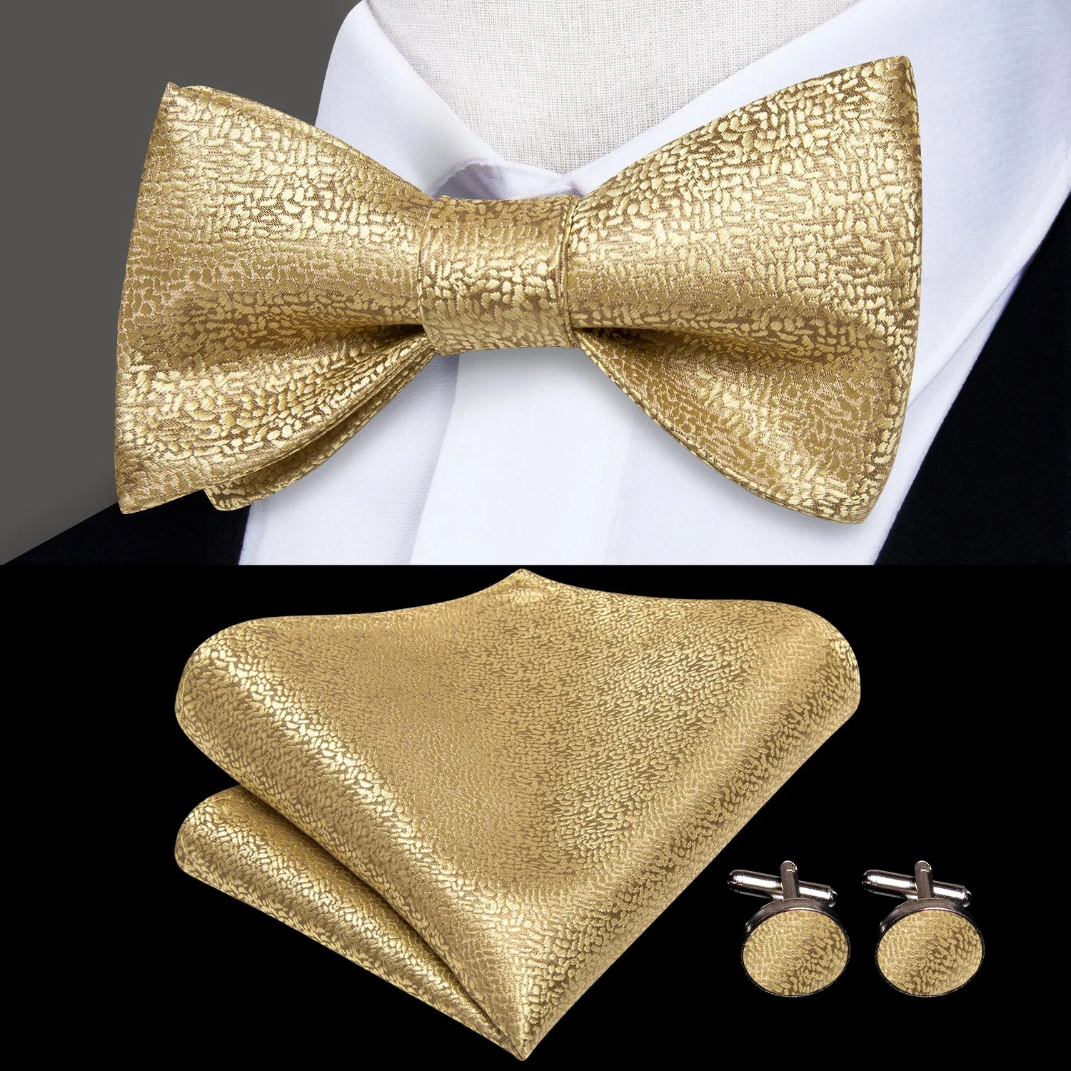 Ties2you Gold Self-tie Tuxedo Bow Tie Solid Formal Bowtie Hanky Cufflinks Set sold by Ties2You product image thumbnail 2