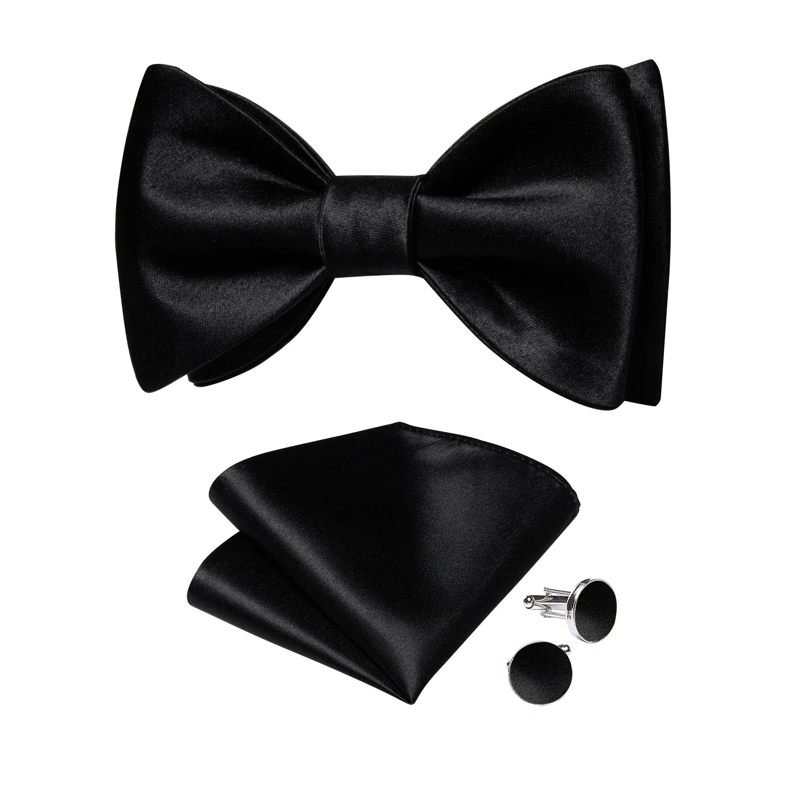 Ties2you Black Self-tie Tuxedo Bowtie Solid Bow Tie Pocket Square Cufflinks Set for Men sold by Ties2You product image thumbnail 2